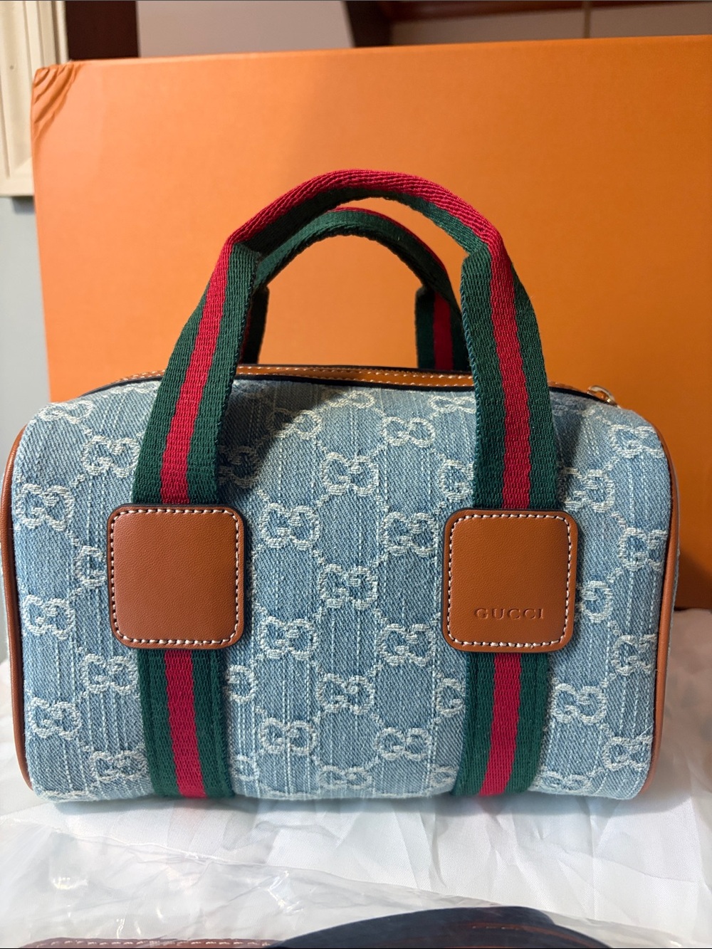 Gucci Denim GG Jacquard Mini Boston Bag with Green and Red Web Straps
